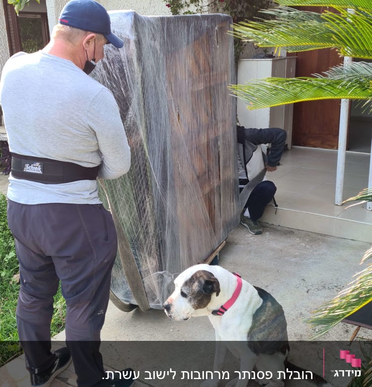 אדם מזיז רהיט עטוף בניילון על עגלה